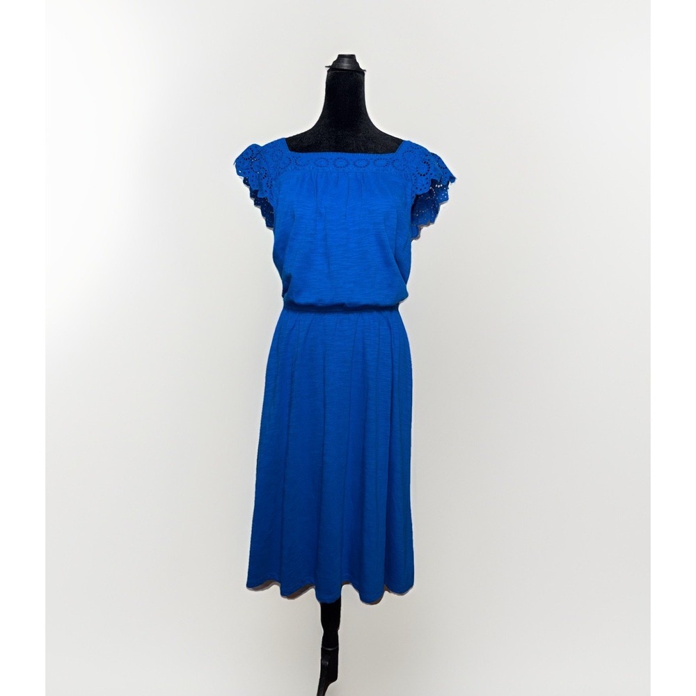 Talbots Royal Cobalt Blue Eyelet Flutter Sleeve Elastic Waist Midi Dress Size S